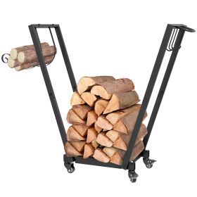 Firewood Rack with Wheels, Metal Log Holder with Kindling and Tool Hooks, Indoor/Outdoor, 31.1" x 11.8" x 31.9", Black