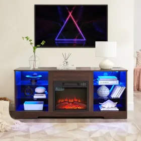 TV Stand Electric Fireplace Glass Shelves, 3D Fireplace TV Stand With LED Lights Wood With USB Charging Outlet Modern Television Table Center For (Option: defaulttitle)