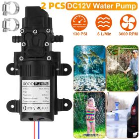 12V Water Pump with 2 Hose Clamps 130PSI Self Priming Sprayer Pump 70W Electric Diaphragm Water Pump 6L/Min for RV Camper Marine Boat (amount: 2 pcs)