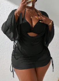 Women's Plus Size Sexy 4 Piece Swimsuits Halter Bikini Sets With Drawstring Long Sleeve Cover Up Bathing (Option: 1xl)