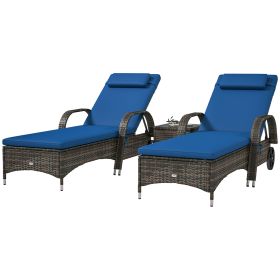 Patio Wicker Chaise Lounge Chair Set Of 2 With Table, Adjustable Backrest, Wheels, Cushion & Headrest, Blue (Option: Blue)